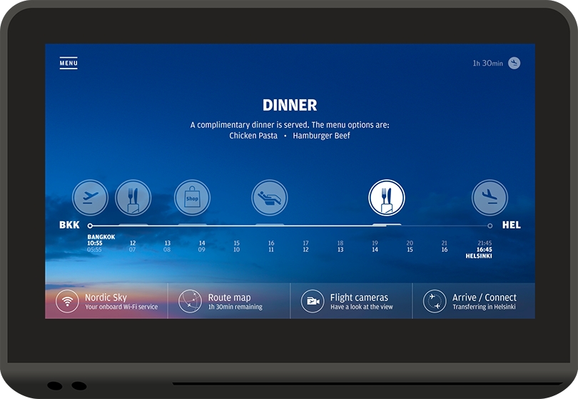 A Nordic Sky képernyőjén megtalálhatóak a repülőút legfontosabb információi is