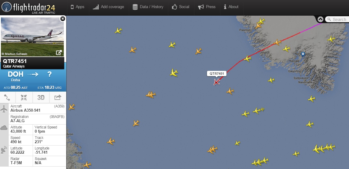 A QR 7451-es járata útban Amerika felé, december 8-án. Forrás: Flightradar24