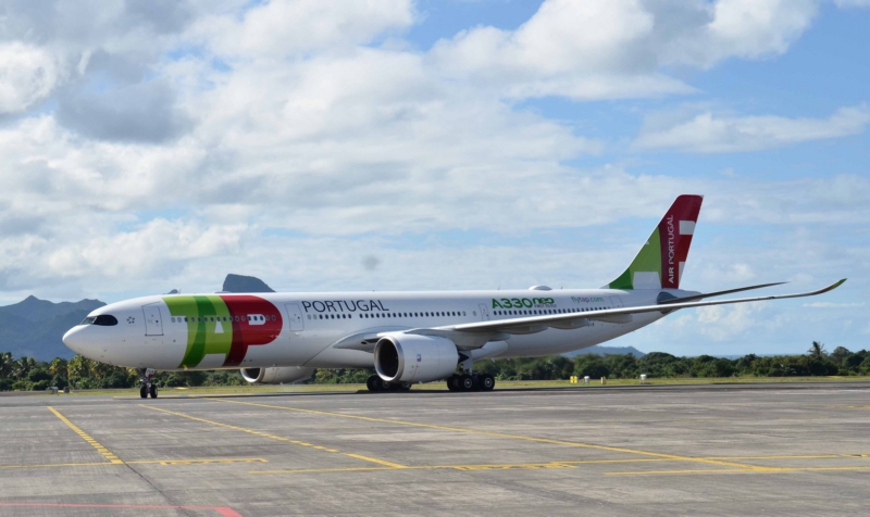 A TAP Portugal A330-900neo repülőgépe Mauritiuson